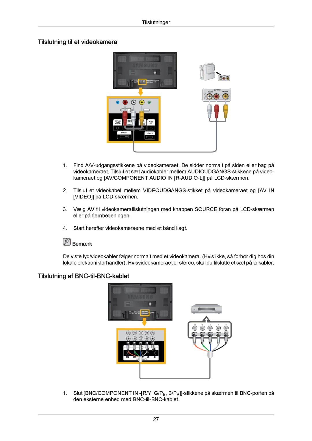 Samsung LH65MGPLBF/EN manual Tilslutning til et videokamera, Tilslutning af BNC-til-BNC-kablet 