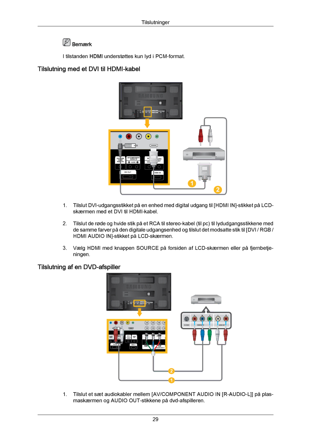 Samsung LH65MGPLBF/EN manual Tilslutning med et DVI til HDMI-kabel, Tilslutning af en DVD-afspiller 