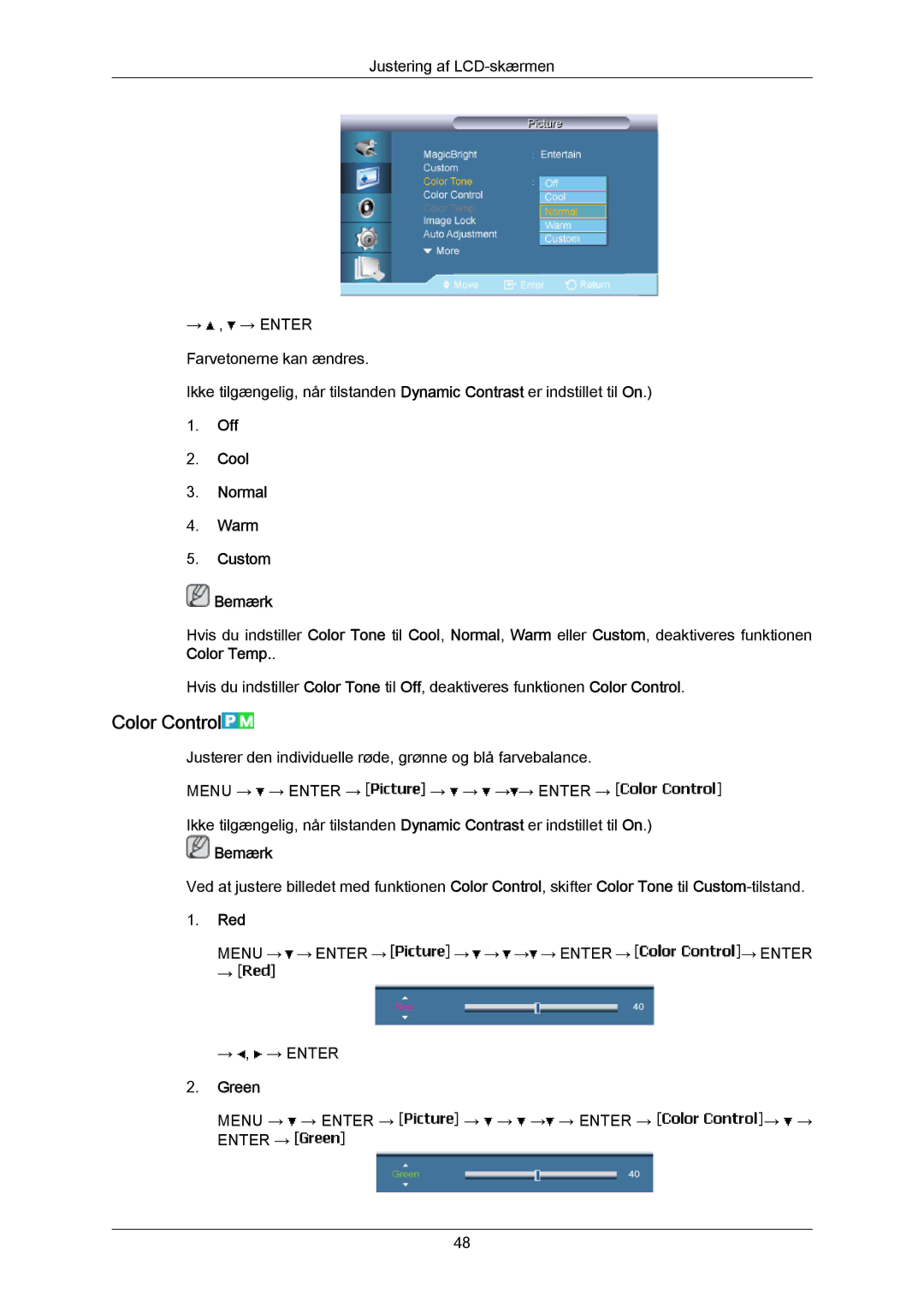 Samsung LH65MGPLBF/EN manual Color Control, Off Cool Normal Warm Custom Bemærk, Red, Green 