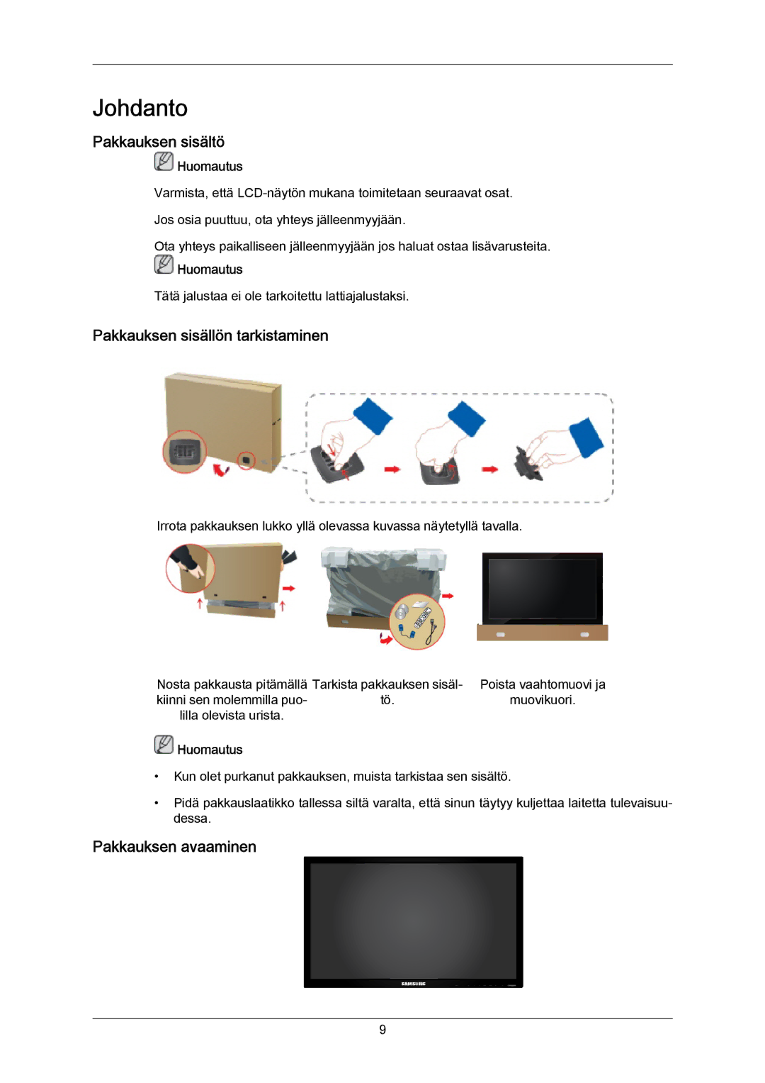 Samsung LH65MGPLBF/EN manual Pakkauksen sisältö, Pakkauksen sisällön tarkistaminen, Pakkauksen avaaminen 