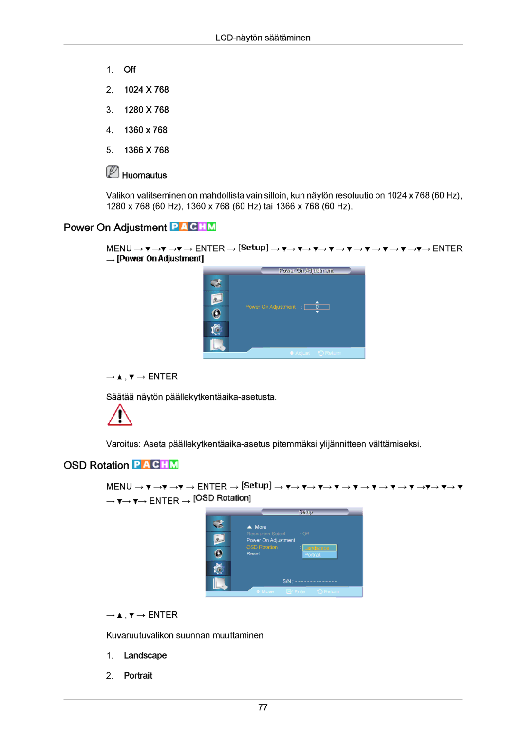 Samsung LH65MGPLBF/EN Power On Adjustment, OSD Rotation, Off 1024 X 1280 X 1360 x 1366 X Huomautus, Landscape Portrait 