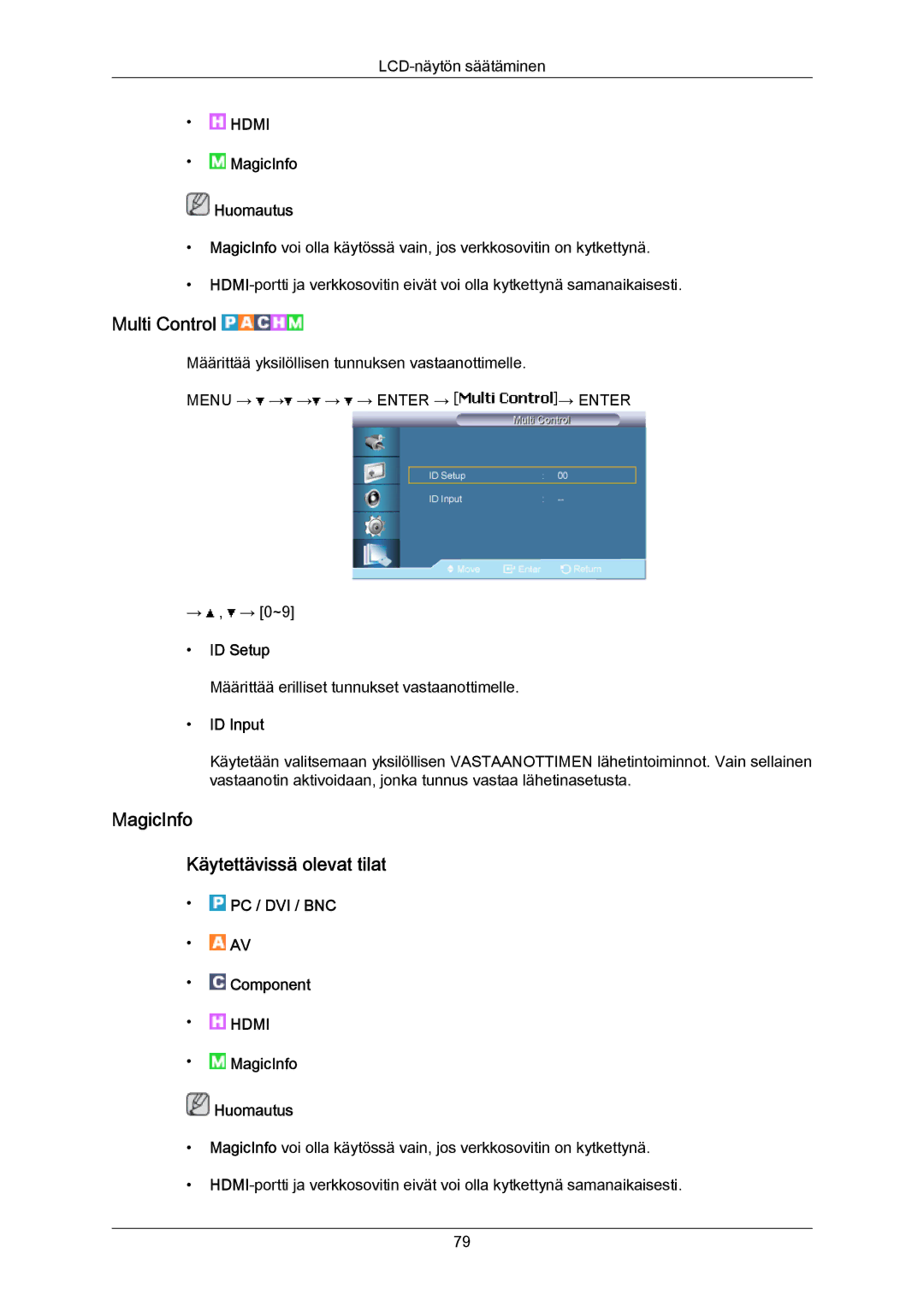 Samsung LH65MGPLBF/EN manual Multi Control, MagicInfo Käytettävissä olevat tilat, ID Setup, ID Input 