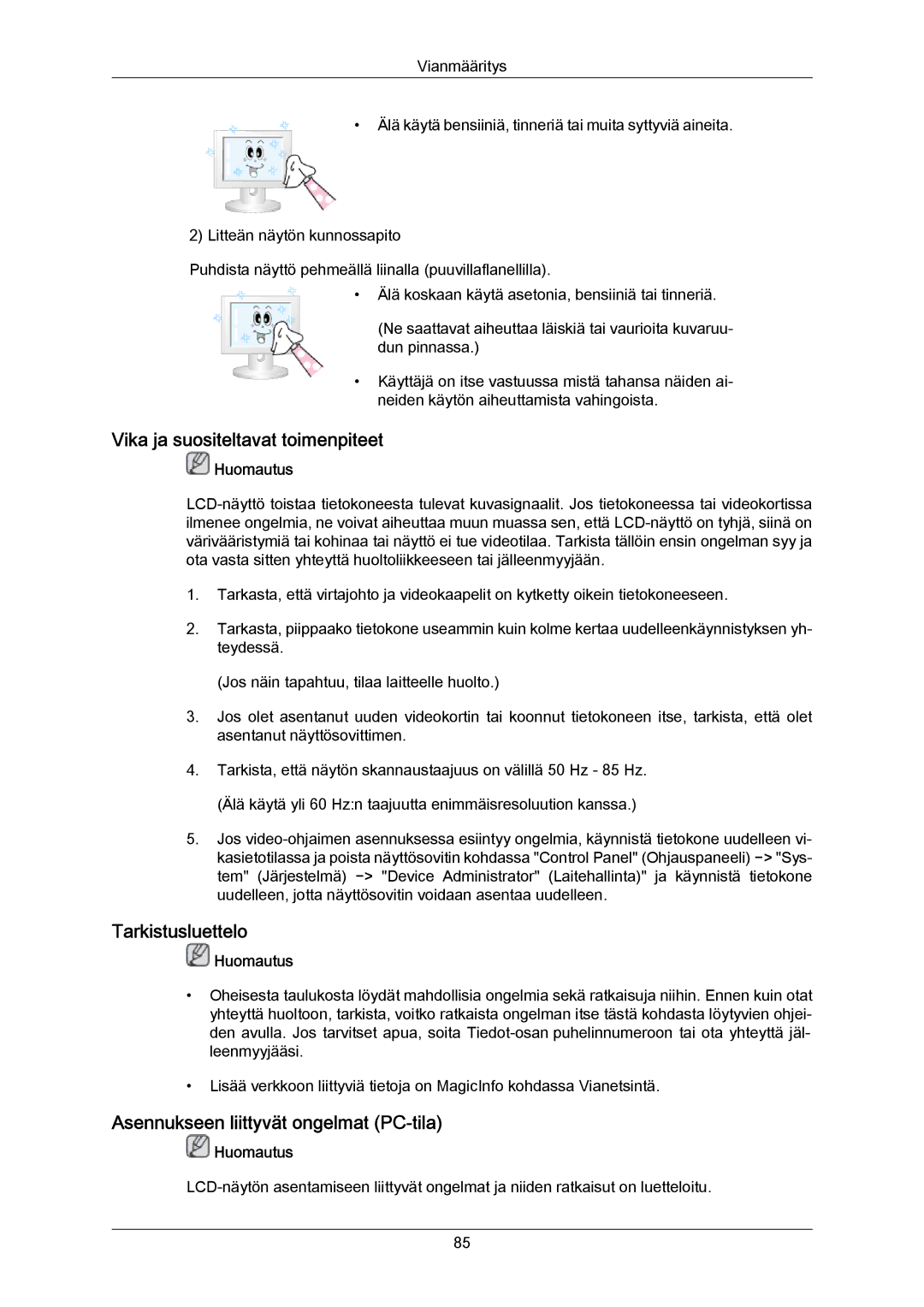 Samsung LH65MGPLBF/EN manual Vika ja suositeltavat toimenpiteet, Tarkistusluettelo, Asennukseen liittyvät ongelmat PC-tila 