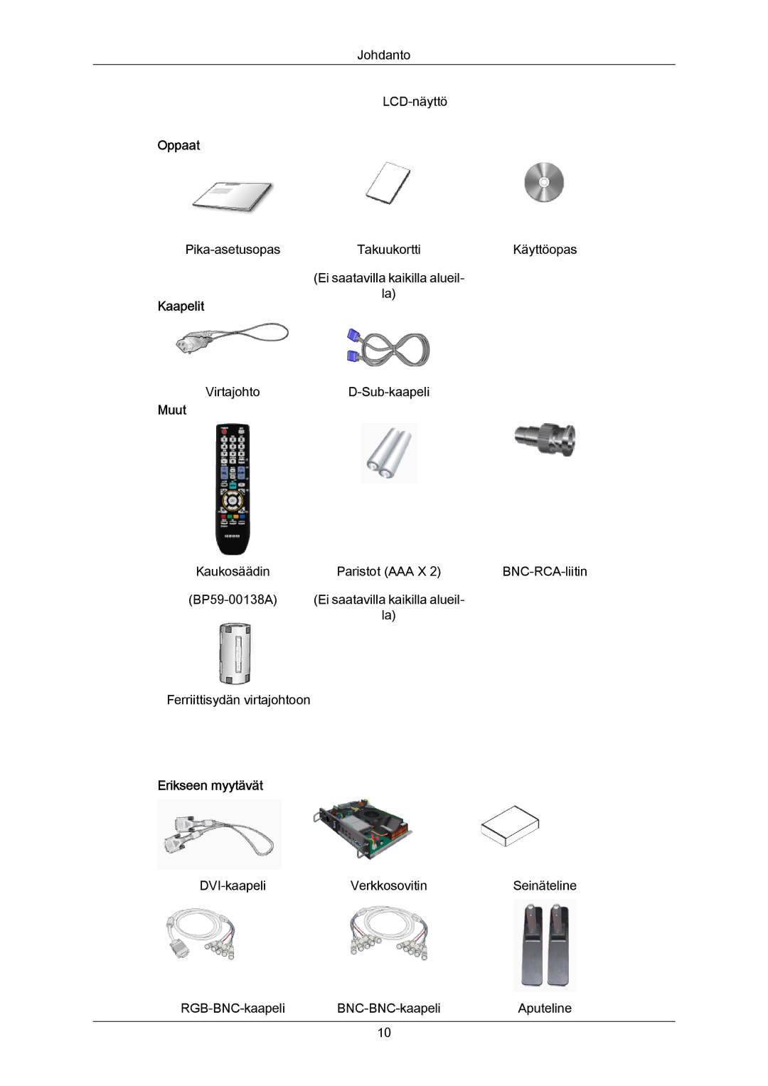 Samsung LH65MGPLBF/EN manual Oppaat, Kaapelit, Muut, Erikseen myytävät 