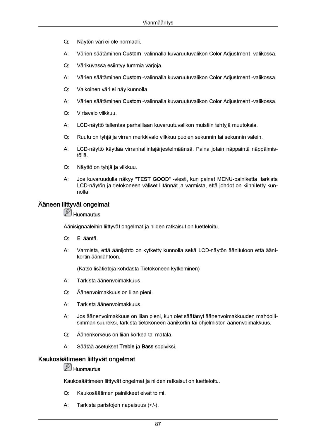 Samsung LH65MGPLBF/EN manual Ääneen liittyvät ongelmat, Kaukosäätimeen liittyvät ongelmat 