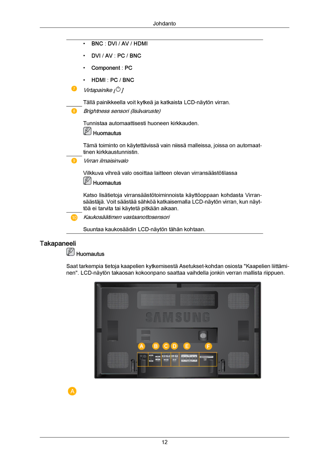 Samsung LH65MGPLBF/EN manual Takapaneeli, DVI / AV PC / BNC Component PC 