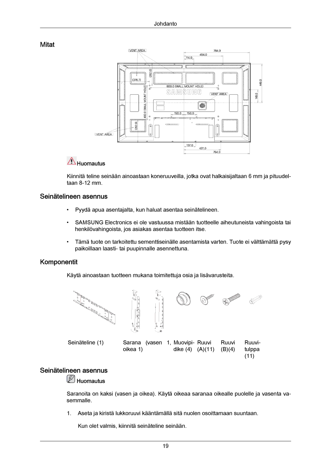 Samsung LH65MGPLBF/EN manual Mitat, Seinätelineen asennus, Komponentit 