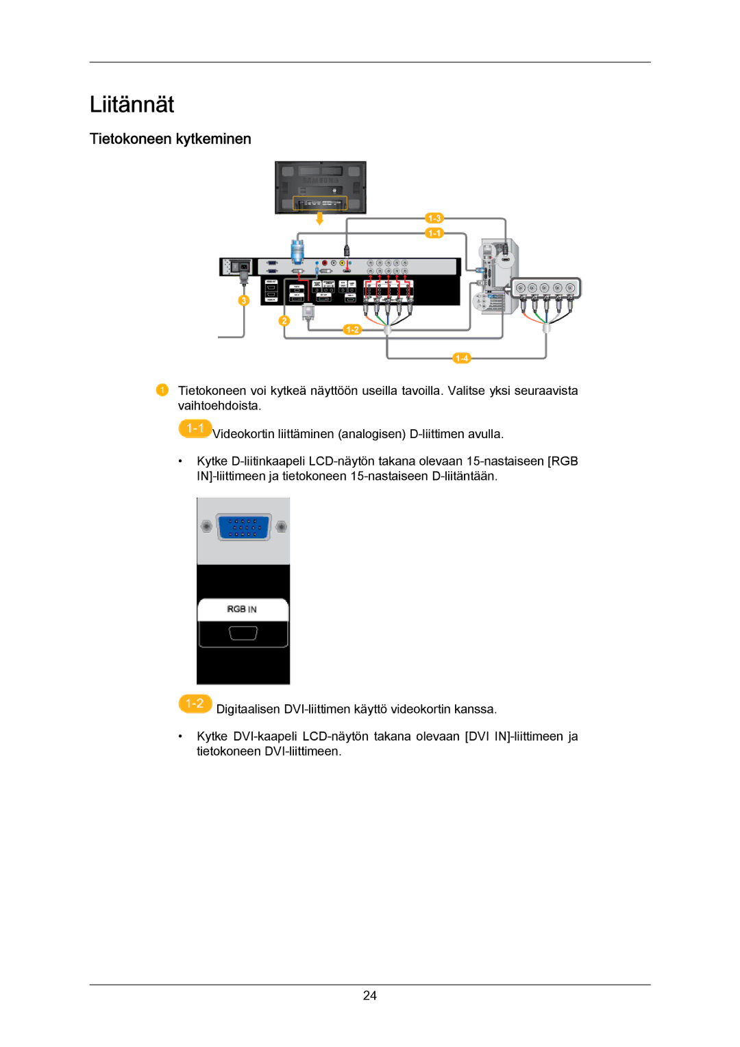 Samsung LH65MGPLBF/EN manual Liitännät, Tietokoneen kytkeminen 