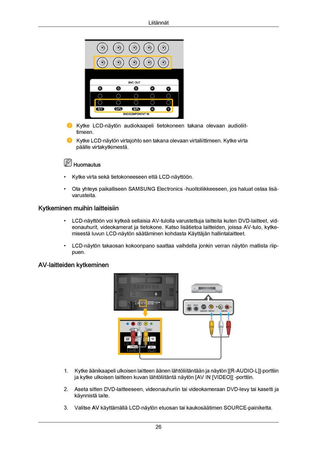 Samsung LH65MGPLBF/EN manual Kytkeminen muihin laitteisiin, AV-laitteiden kytkeminen 