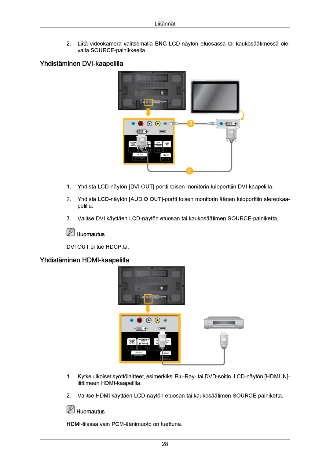 Samsung LH65MGPLBF/EN manual Yhdistäminen DVI-kaapelilla, Yhdistäminen HDMI-kaapelilla 