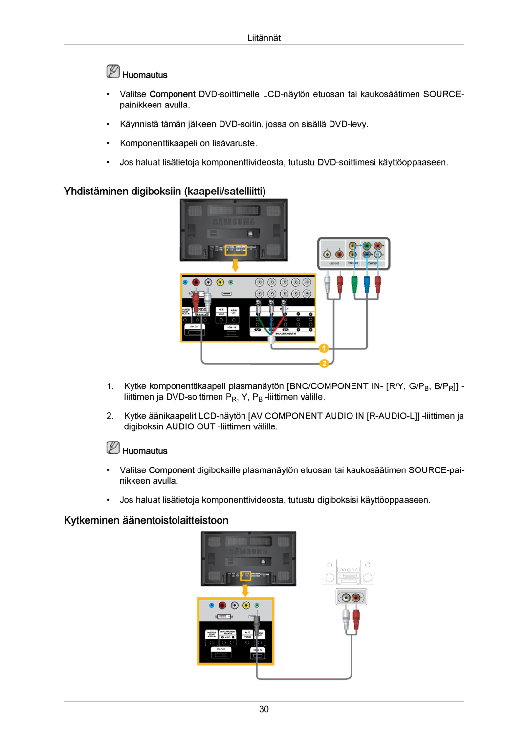 Samsung LH65MGPLBF/EN manual Yhdistäminen digiboksiin kaapeli/satelliitti, Kytkeminen äänentoistolaitteistoon 