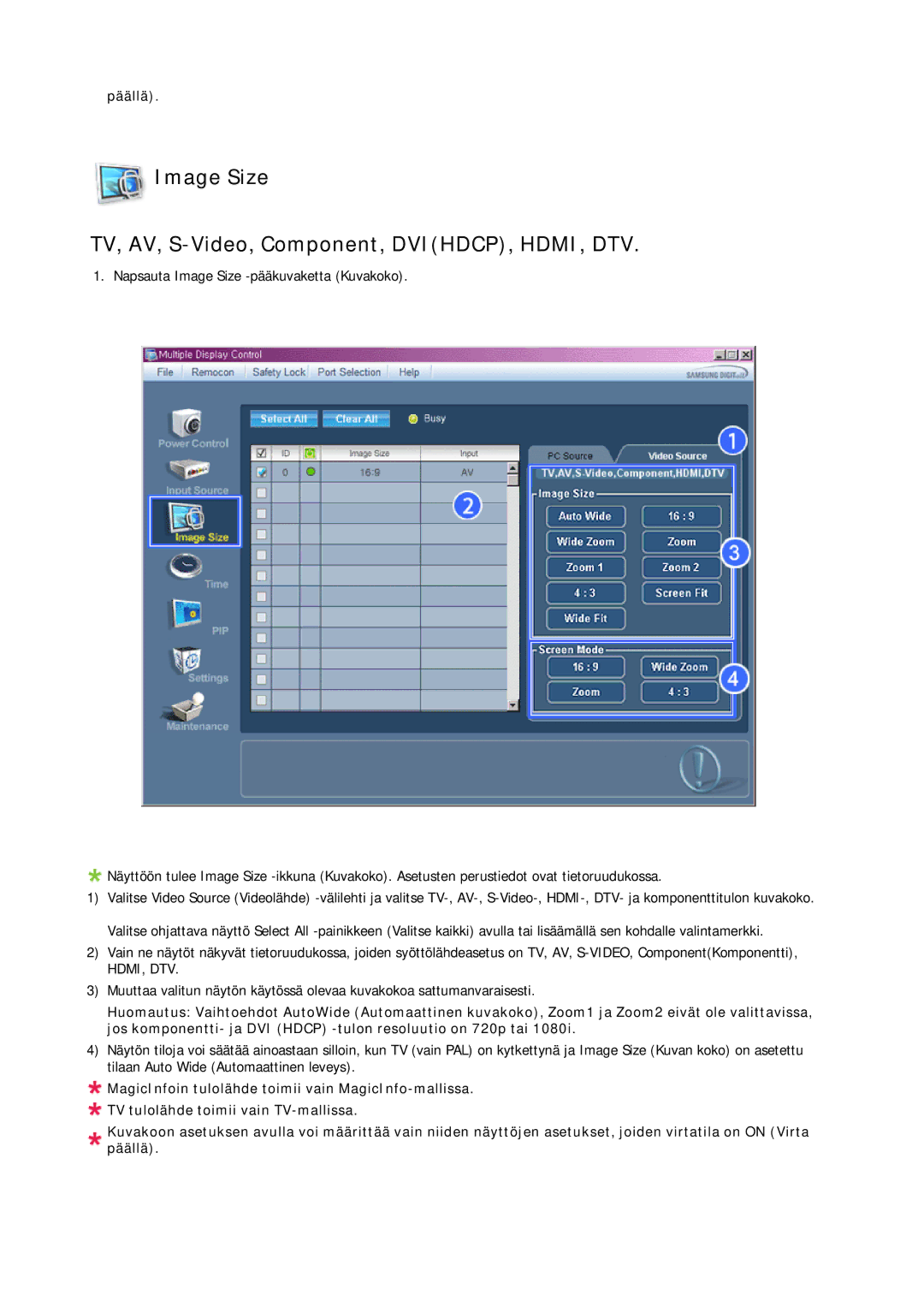 Samsung LH65MGPLBF/EN manual Image Size TV, AV, S-Video, Component, DVIHDCP, HDMI, DTV 