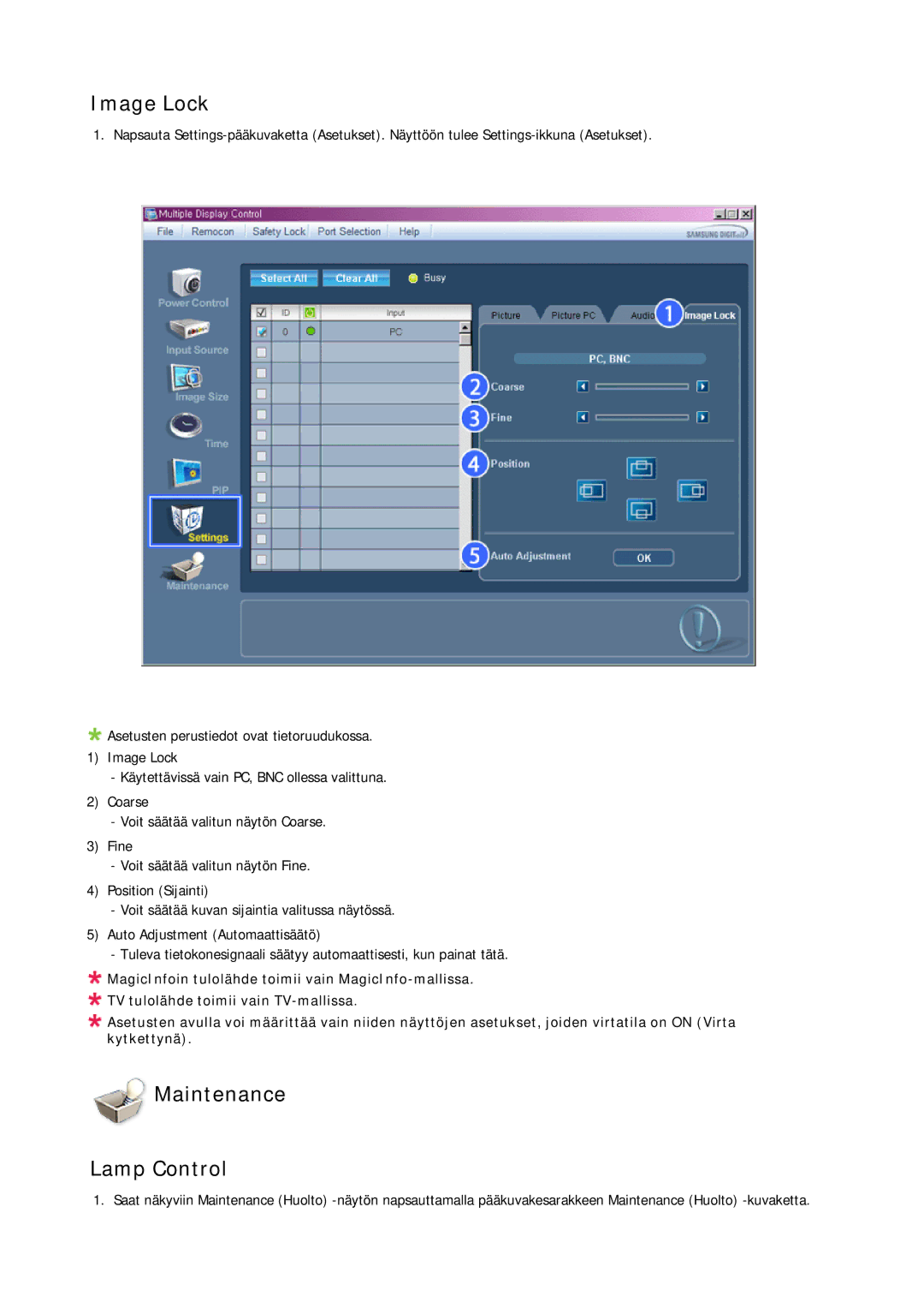 Samsung LH65MGPLBF/EN manual Image Lock, Maintenance Lamp Control 