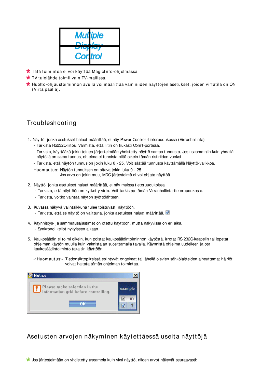 Samsung LH65MGPLBF/EN manual Troubleshooting, Asetusten arvojen näkyminen käytettäessä useita näyttöjä 