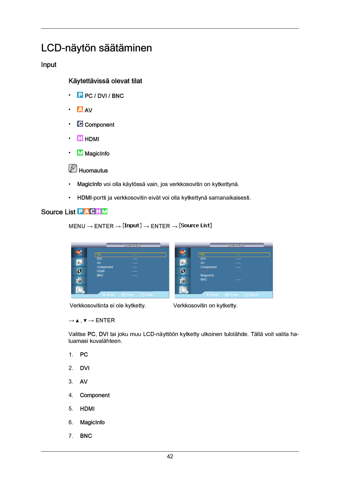 Samsung LH65MGPLBF/EN manual Input Käytettävissä olevat tilat, Source List 