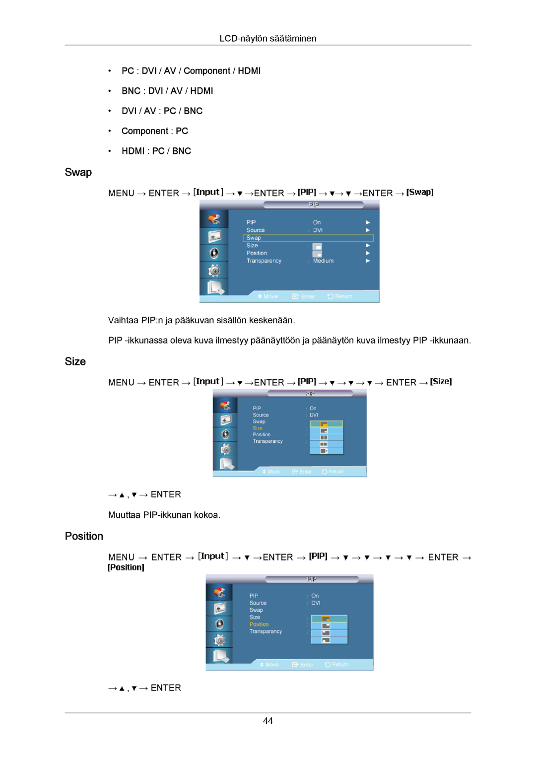 Samsung LH65MGPLBF/EN manual Swap, Size, Position 