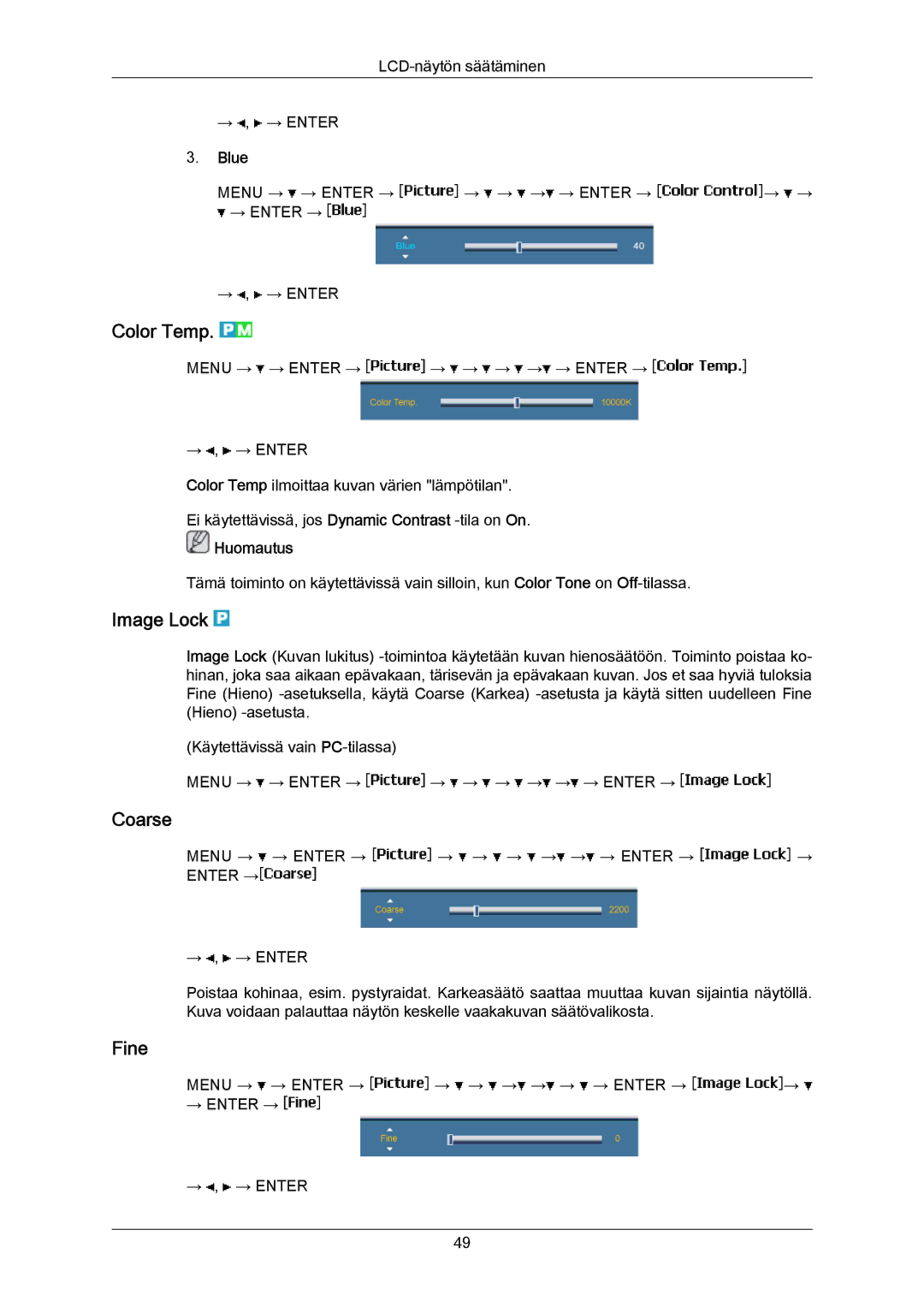Samsung LH65MGPLBF/EN manual Color Temp, Image Lock, Coarse, Fine, Blue 