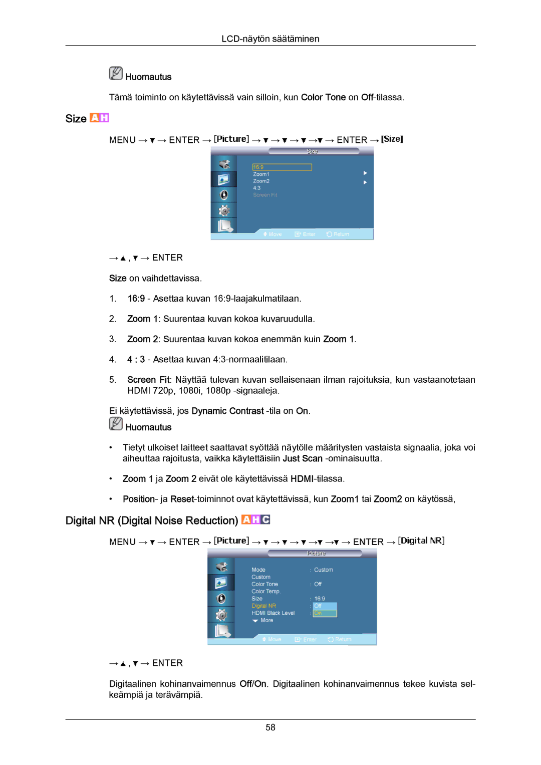 Samsung LH65MGPLBF/EN manual Size, Digital NR Digital Noise Reduction 