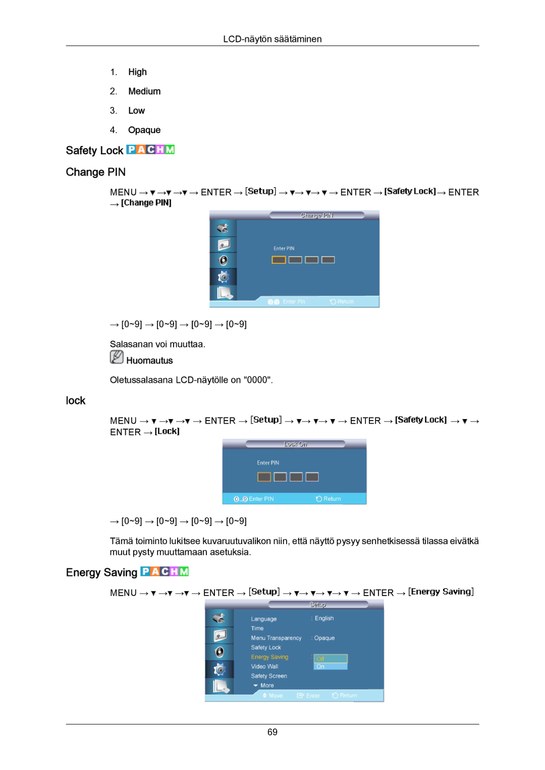 Samsung LH65MGPLBF/EN manual Safety Lock Change PIN, Energy Saving, High Medium Low Opaque 