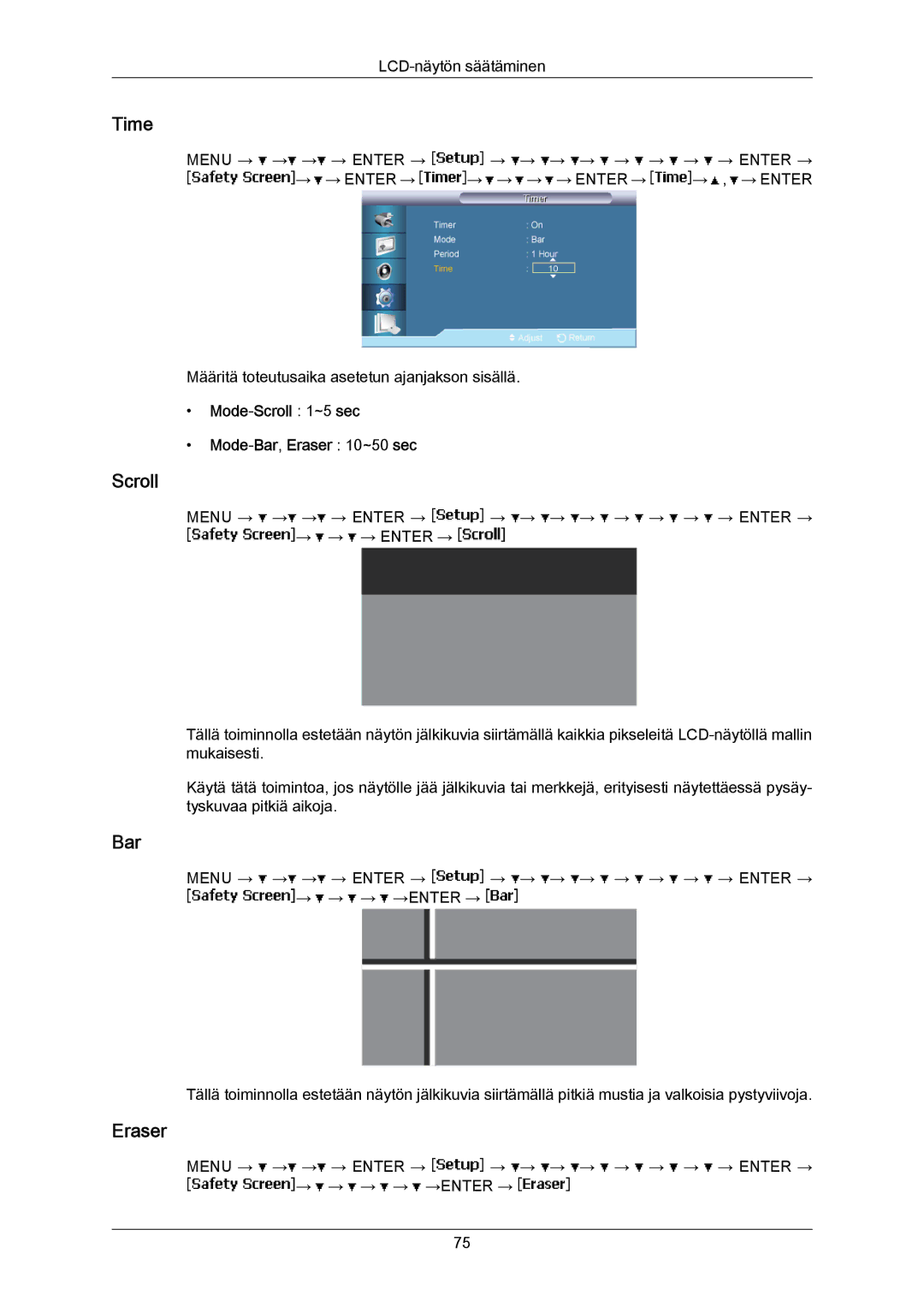 Samsung LH65MGPLBF/EN manual Mode-Scroll 1~5 sec Mode-Bar,Eraser 10~50 sec 