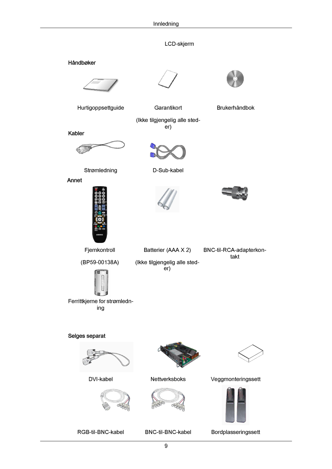 Samsung LH65MGPLBF/EN manual Håndbøker, Kabler, Annet, Selges separat 