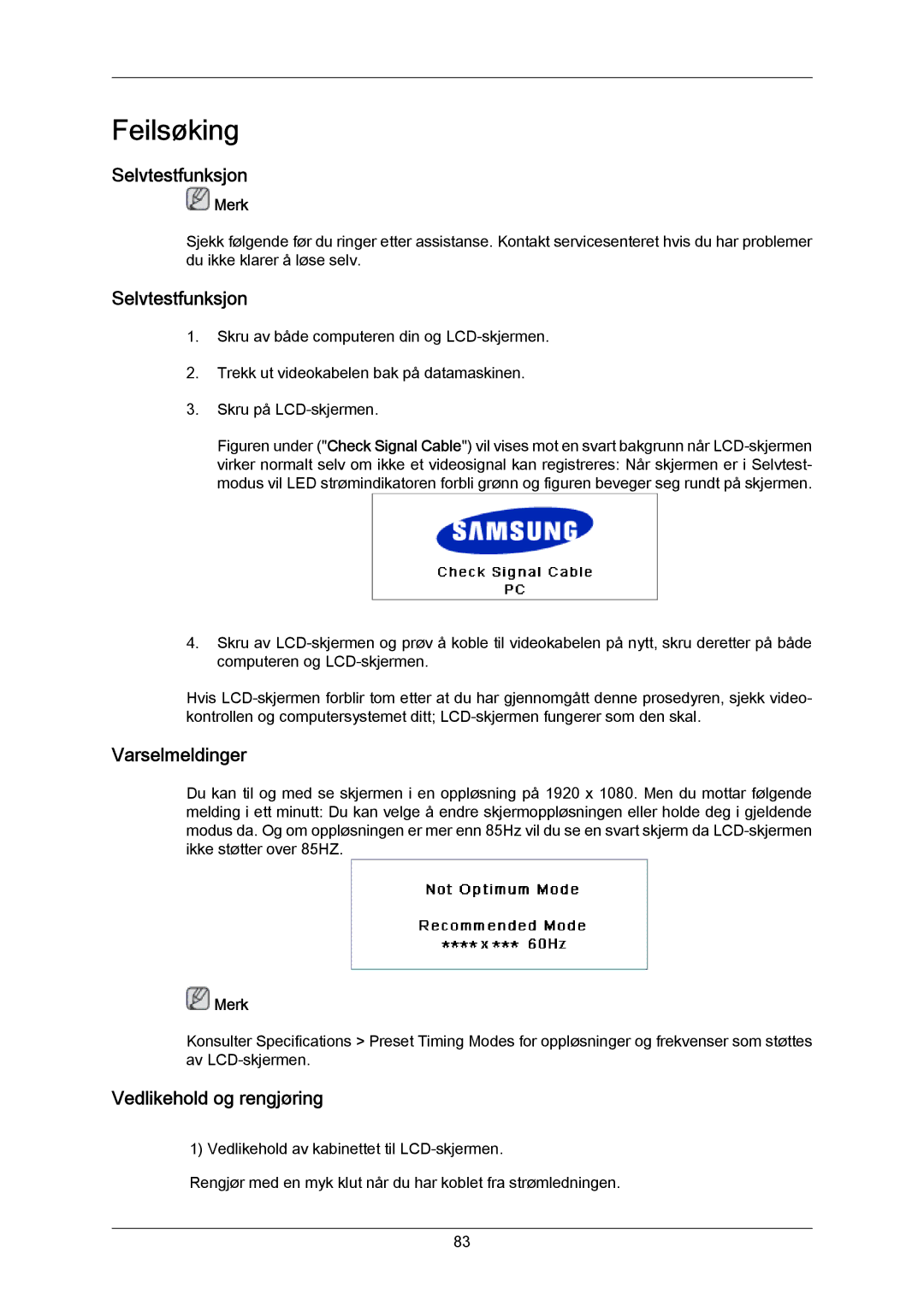 Samsung LH65MGPLBF/EN manual Selvtestfunksjon, Varselmeldinger, Vedlikehold og rengjøring 