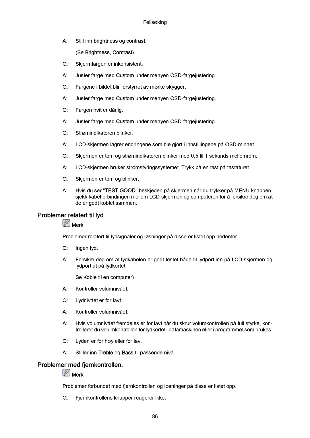 Samsung LH65MGPLBF/EN manual Problemer relatert til lyd, Problemer med fjernkontrollen 