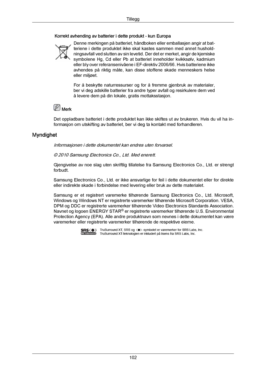 Samsung LH65MGPLBF/EN manual Myndighet, Korrekt avhending av batterier i dette produkt kun Europa 