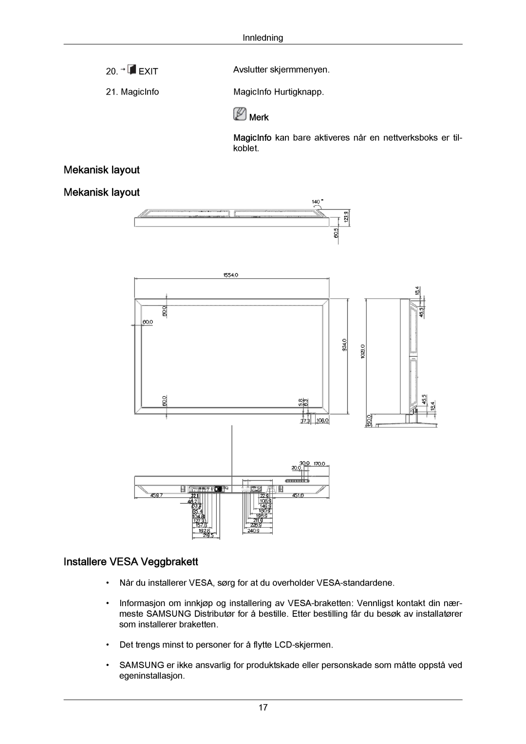 Samsung LH65MGPLBF/EN manual Installere Vesa Veggbrakett, Mekanisk layout Mekanisk layout 