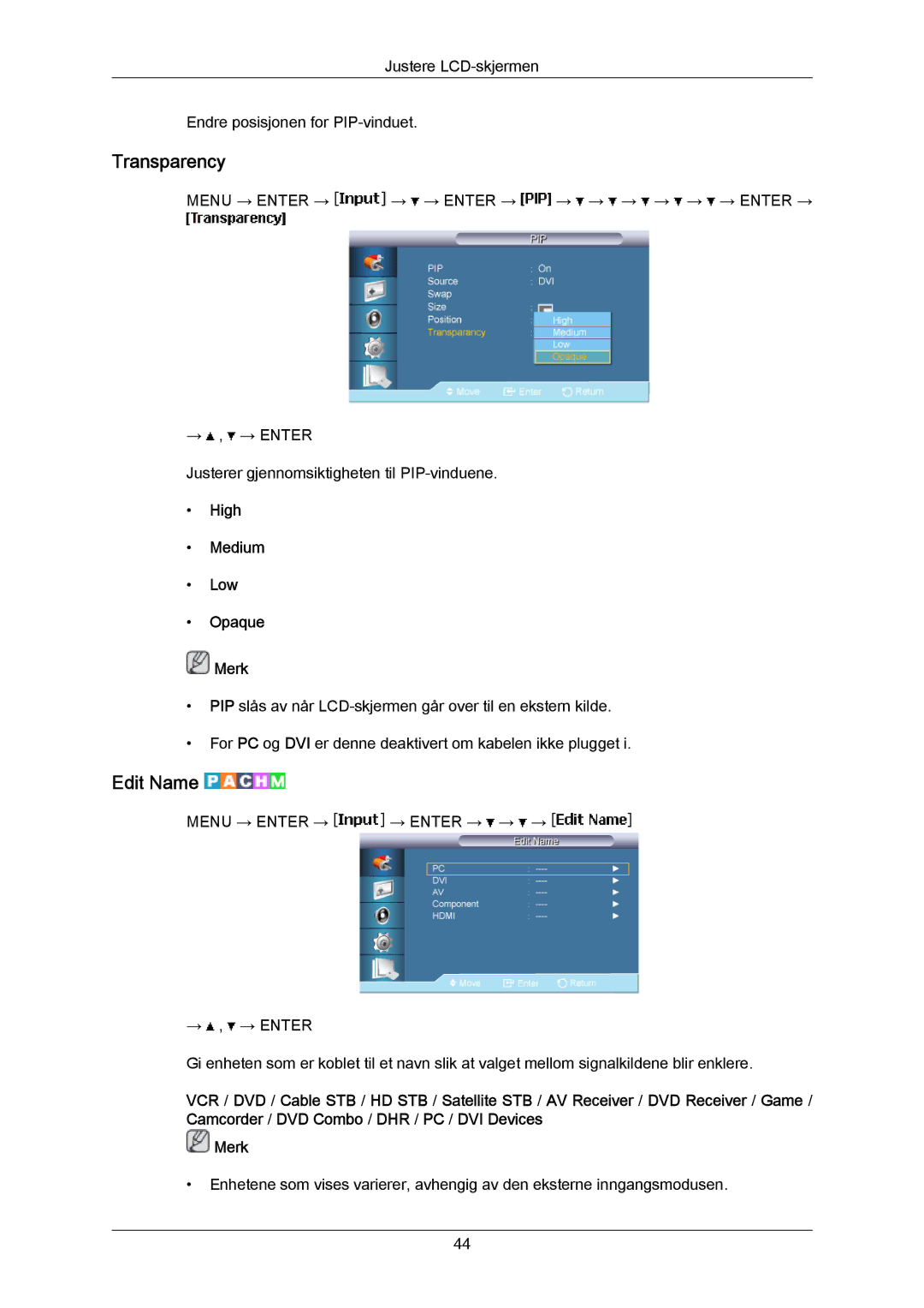 Samsung LH65MGPLBF/EN manual Transparency, Edit Name, High Medium Low Opaque Merk 