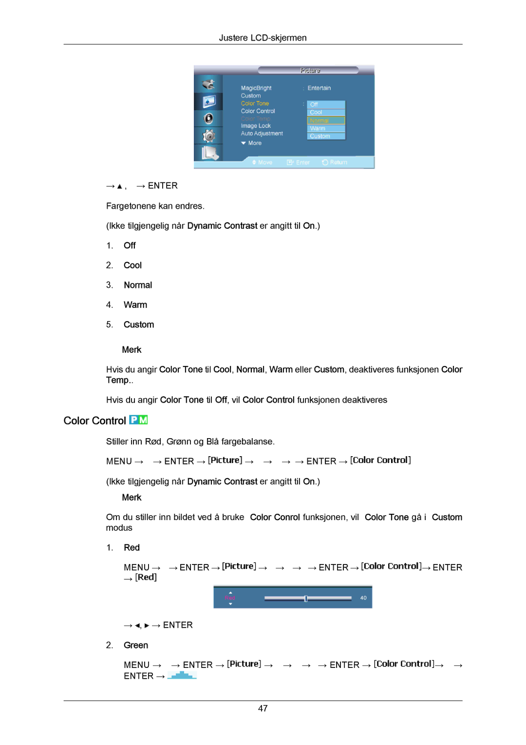 Samsung LH65MGPLBF/EN manual Color Control, Off Cool Normal Warm Custom Merk, Red, Green 