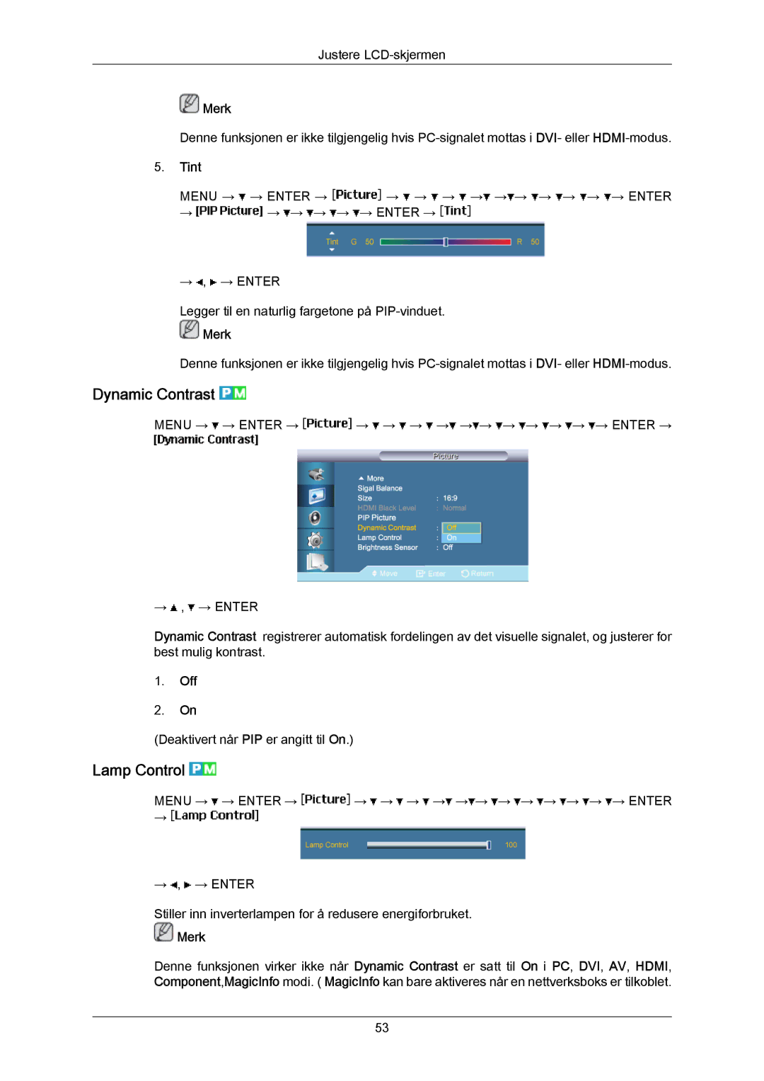 Samsung LH65MGPLBF/EN manual Dynamic Contrast, Lamp Control, Tint 