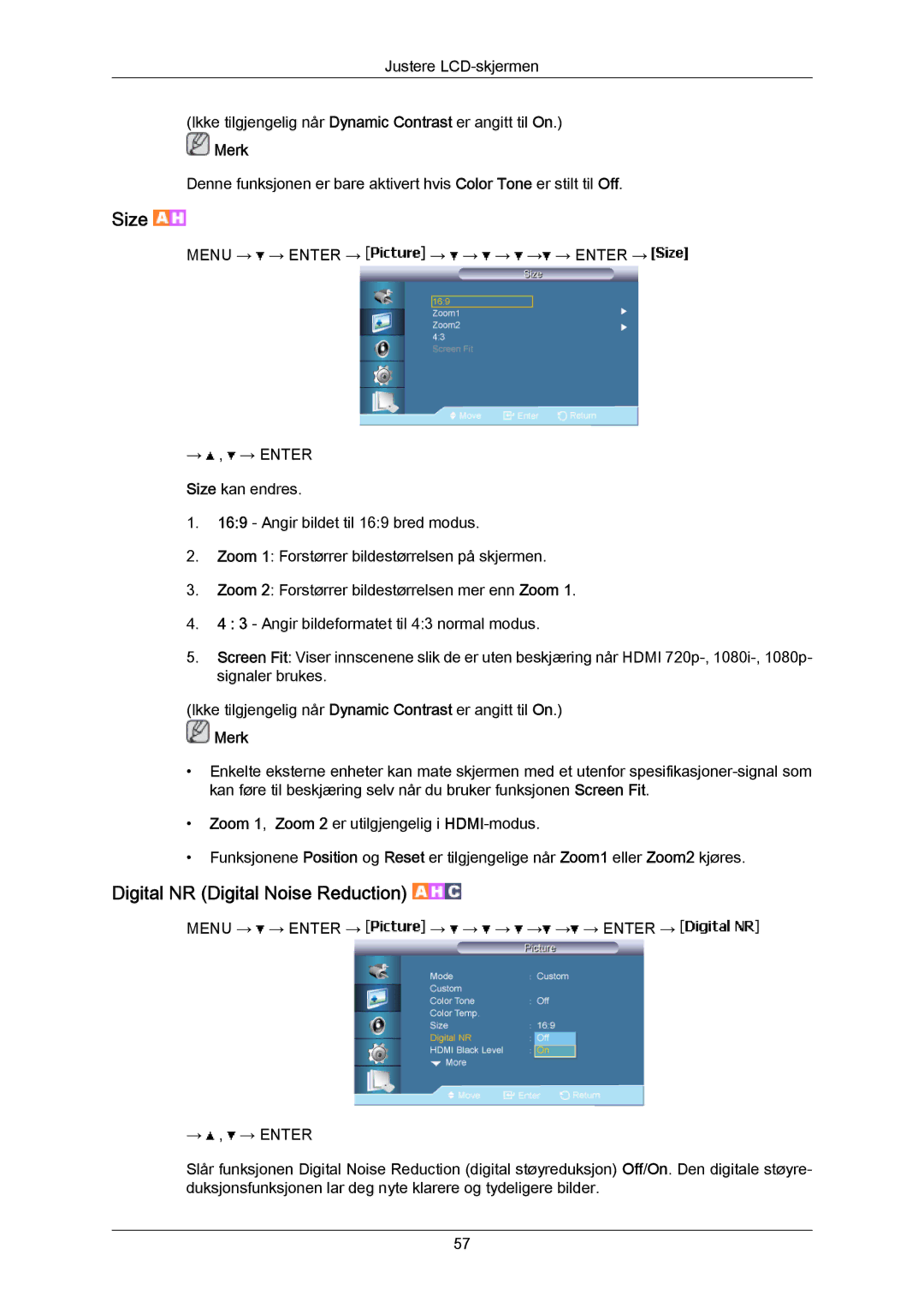 Samsung LH65MGPLBF/EN manual Size, Digital NR Digital Noise Reduction 