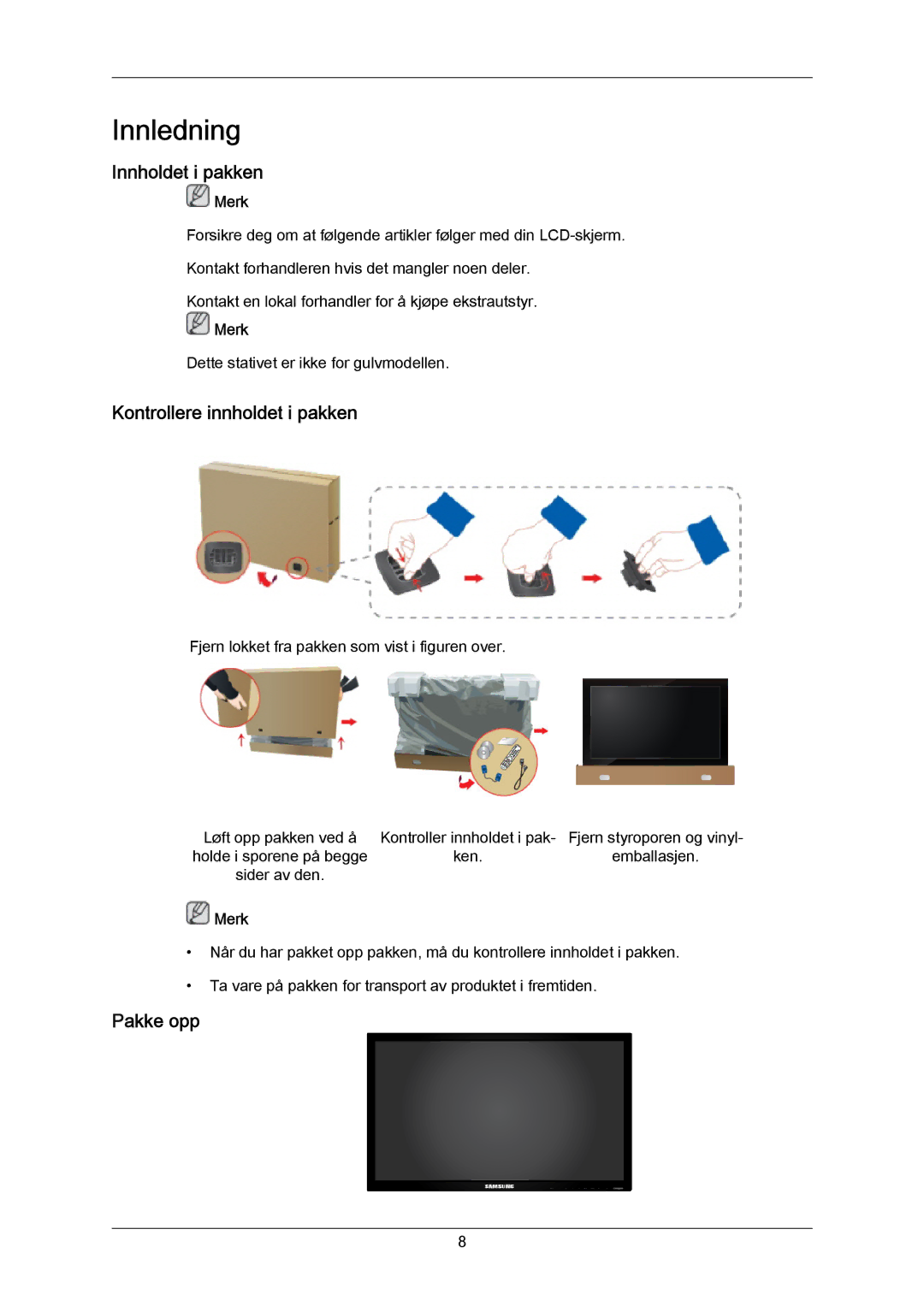 Samsung LH65MGPLBF/EN manual Innholdet i pakken, Kontrollere innholdet i pakken, Pakke opp 