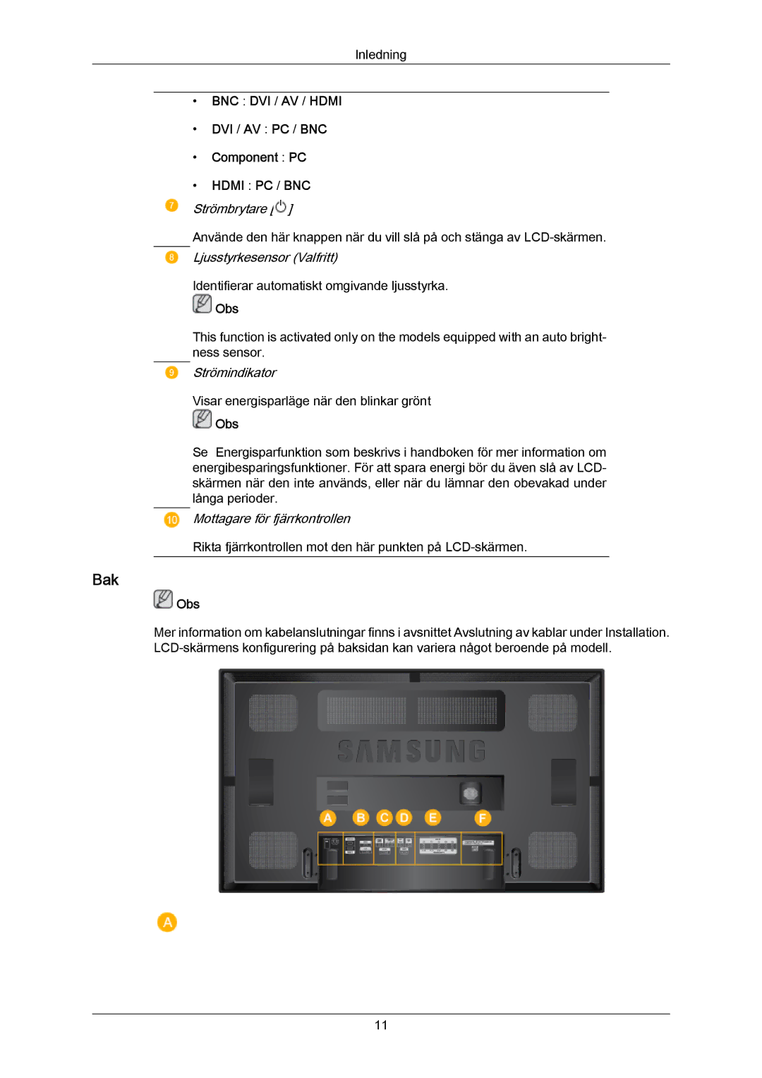 Samsung LH65MGPLBF/EN manual Bak, DVI / AV PC / BNC Component PC 