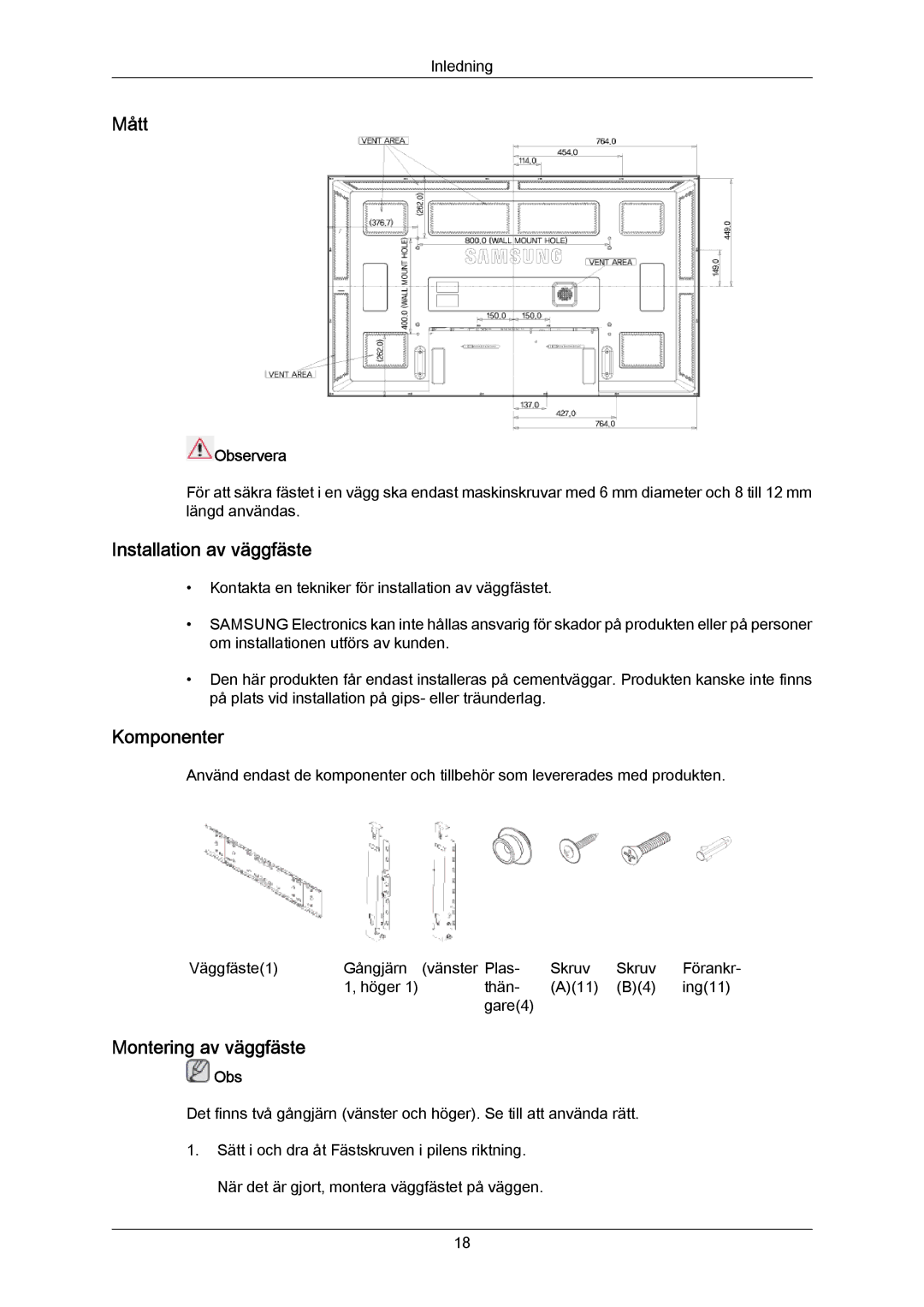 Samsung LH65MGPLBF/EN manual Mått, Installation av väggfäste, Komponenter, Montering av väggfäste, Observera 