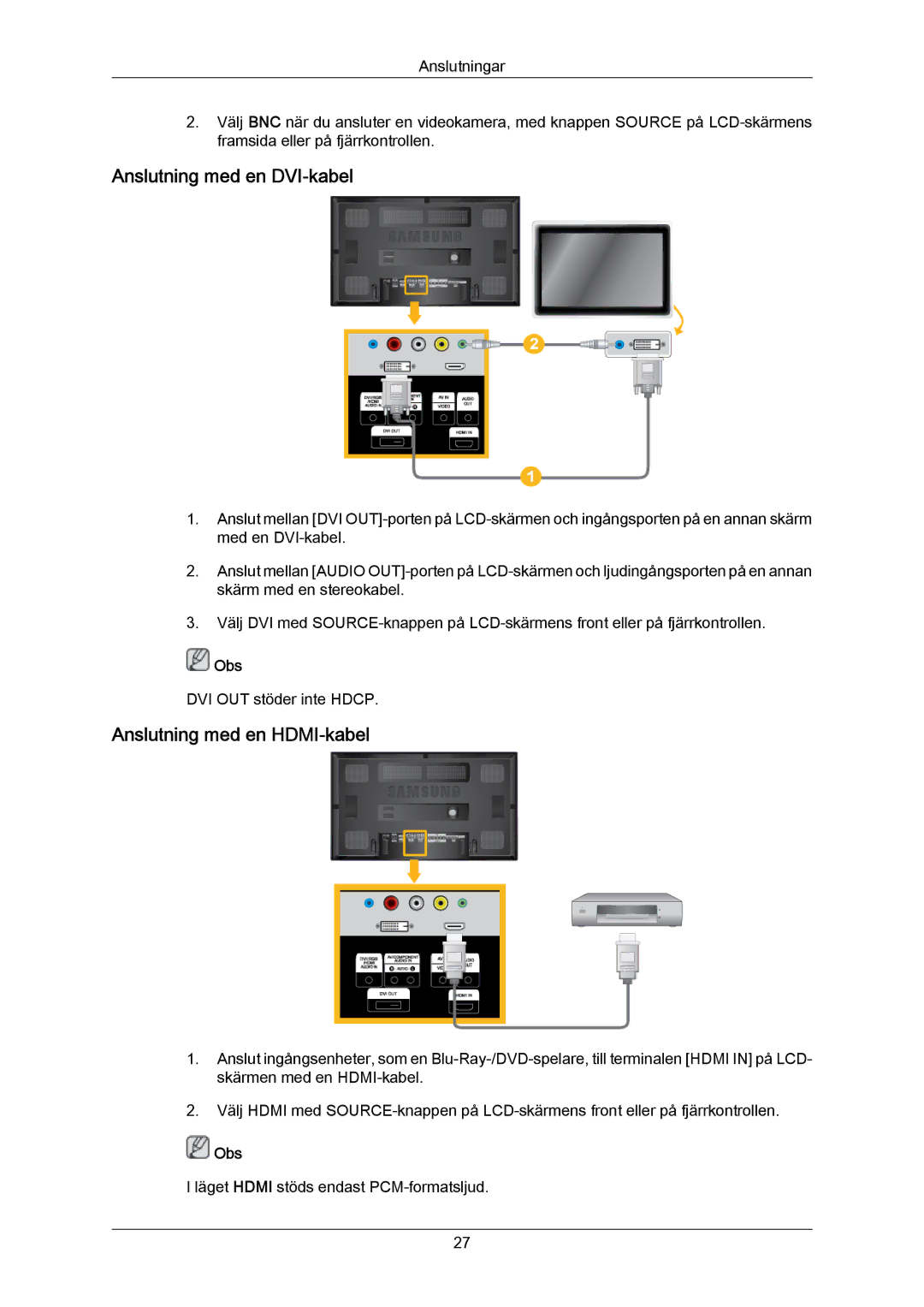 Samsung LH65MGPLBF/EN manual Anslutning med en DVI-kabel, Anslutning med en HDMI-kabel 