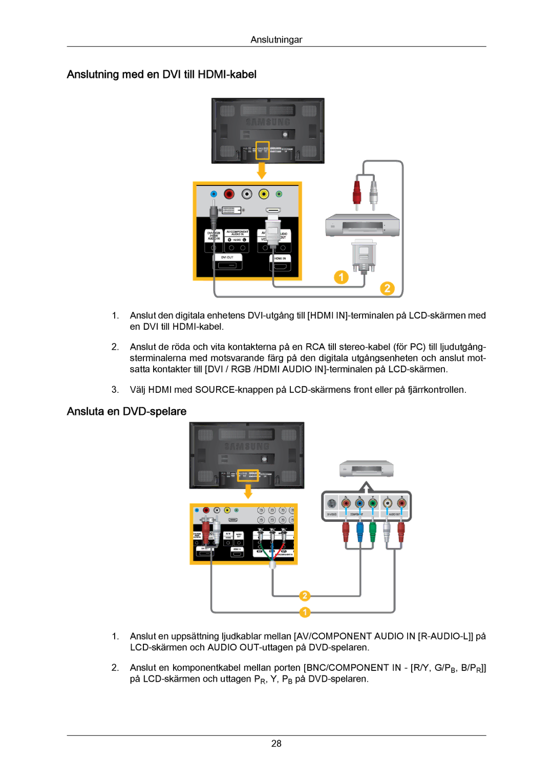 Samsung LH65MGPLBF/EN manual Anslutning med en DVI till HDMI-kabel, Ansluta en DVD-spelare 