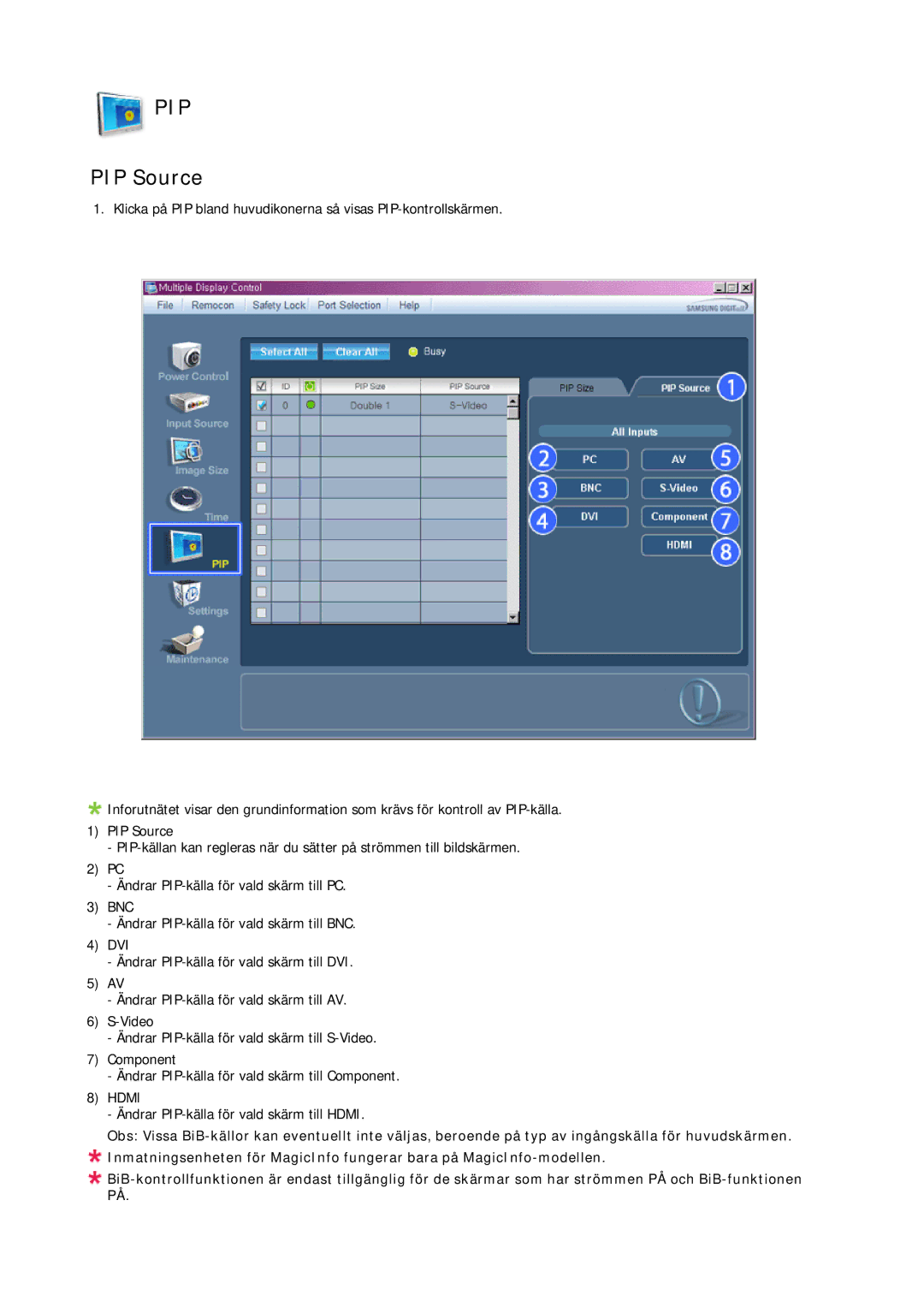 Samsung LH65MGPLBF/EN manual PIP Source 