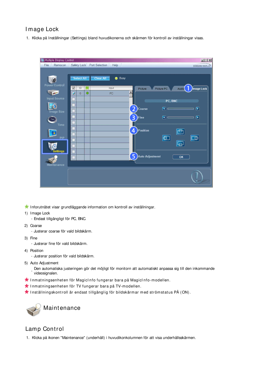 Samsung LH65MGPLBF/EN manual Image Lock, Maintenance Lamp Control 