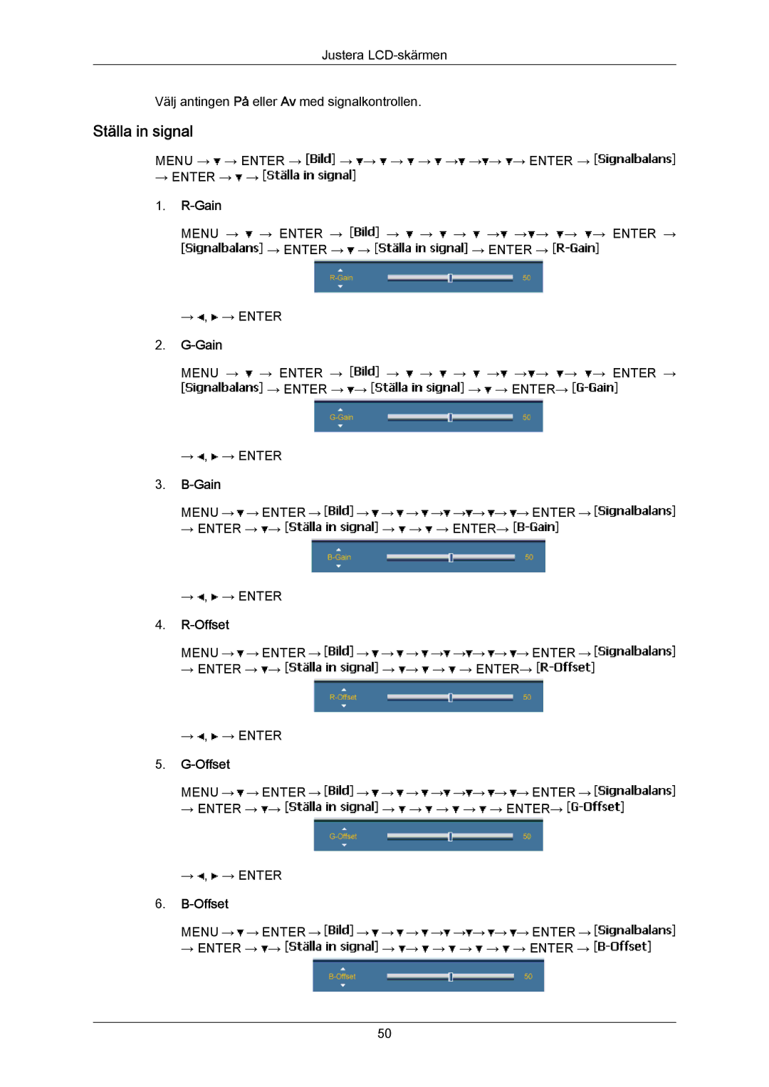 Samsung LH65MGPLBF/EN manual Ställa in signal, Gain, Offset 