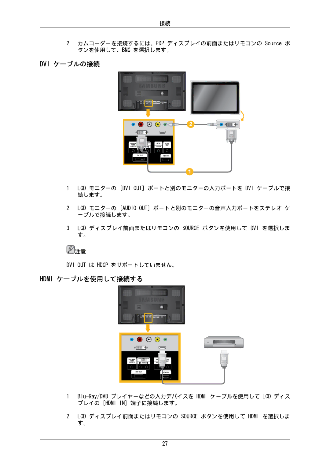 Samsung LH65MGPLBF/XJ manual Dvi ケーブルの接続, Hdmi ケーブルを使用して接続する 