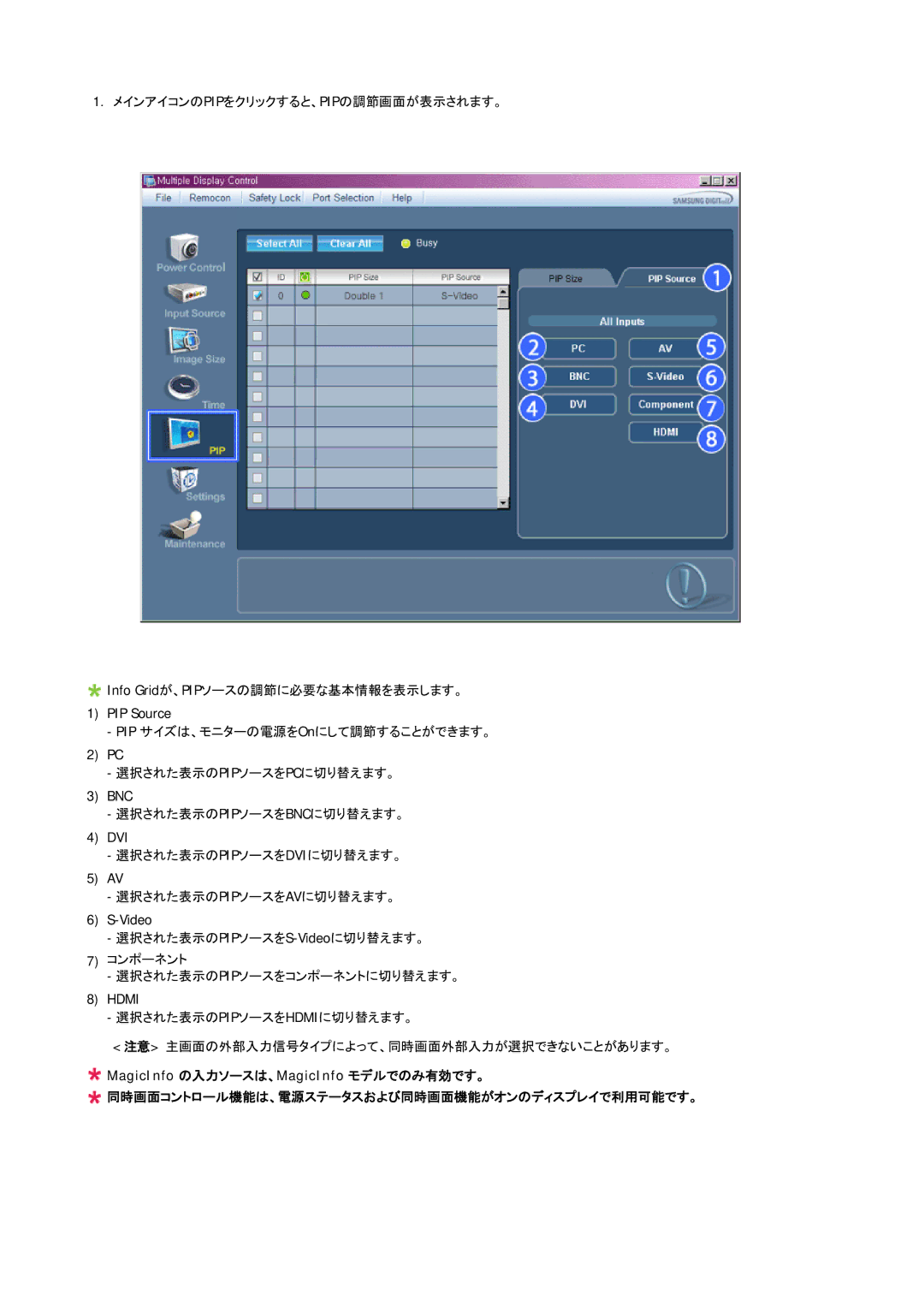 Samsung LH65MGPLBF/XJ manual 同時画面コントロール機能は、電源ステータスおよび同時画面機能がオンのディスプレイで利用可能です。 