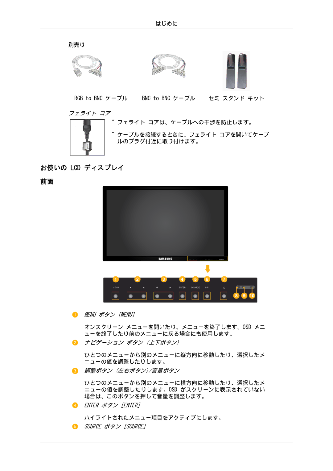 Samsung LH65MGPLBF/XJ manual お使いの Lcd ディスプレイ, 調整ボタン 左右ボタン/音量ボタン 