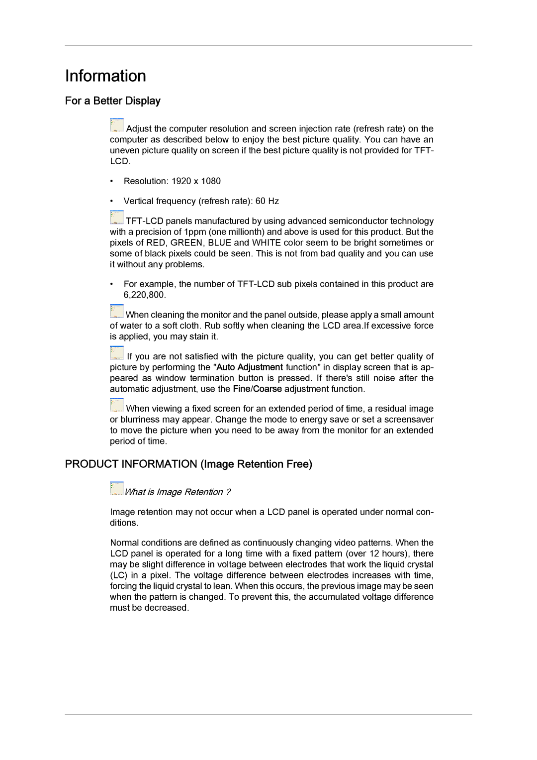 Samsung LH65MGQLBF/XY, LH65MGQLBF/EN, LH65MGQLBF/NG manual For a Better Display, Product Information Image Retention Free 