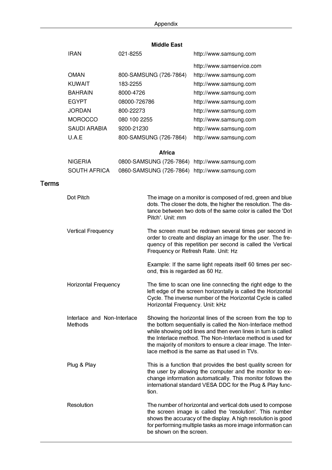 Samsung LH65MGQLBF/NG, LH65MGQLBF/EN, LH65MGQLBF/XY, LH65MGBPLBH/NG manual Terms, Middle East, Africa 