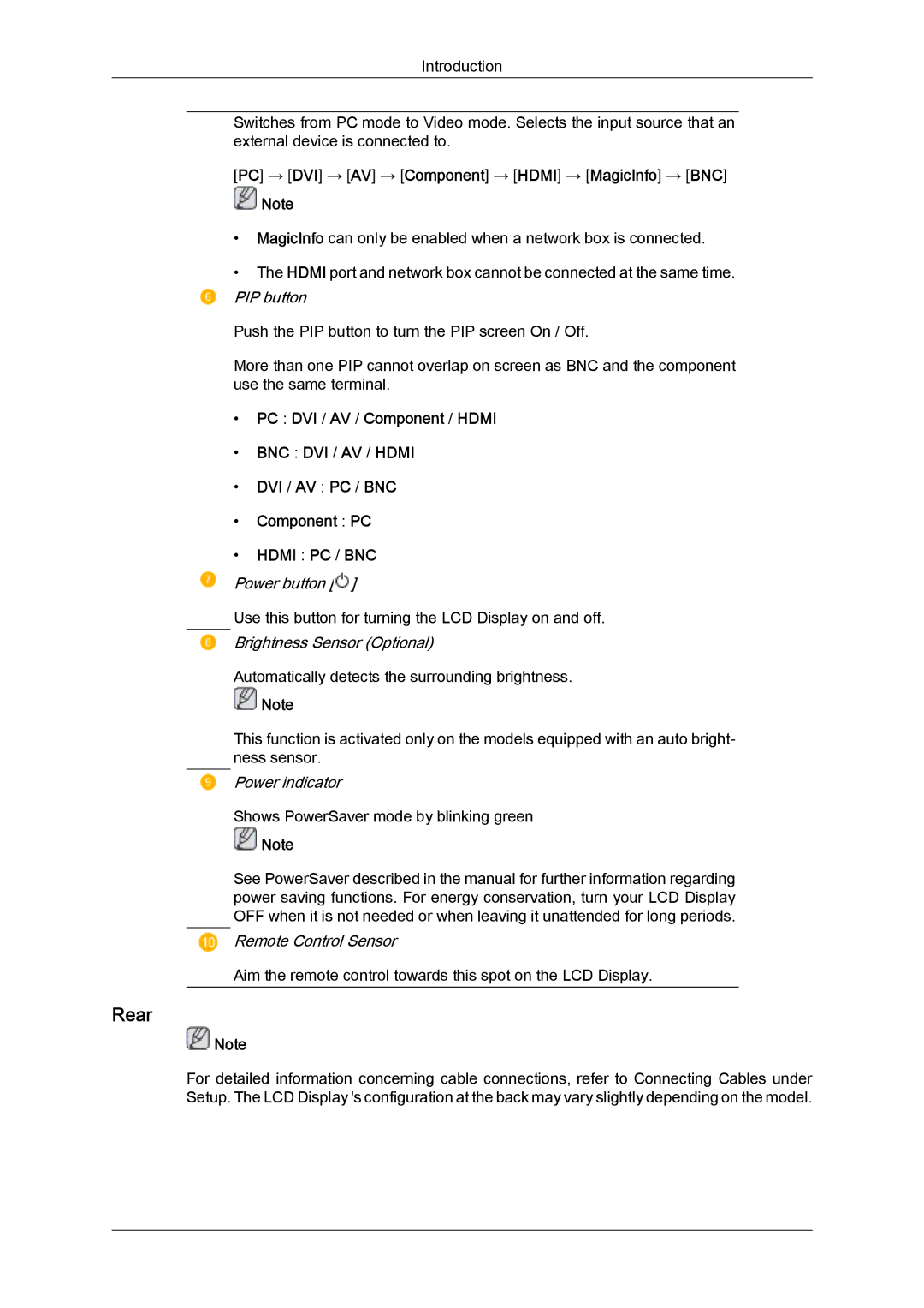 Samsung LH65MGQLBF/NG manual Rear, PC → DVI → AV → Component → Hdmi → MagicInfo → BNC, PC DVI / AV / Component / Hdmi 