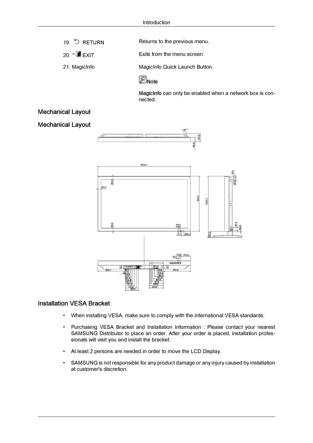 Samsung LH65MGBPLBH/NG, LH65MGQLBF/EN, LH65MGQLBF/NG, LH65MGQLBF/XY manual Mechanical Layout Installation Vesa Bracket 