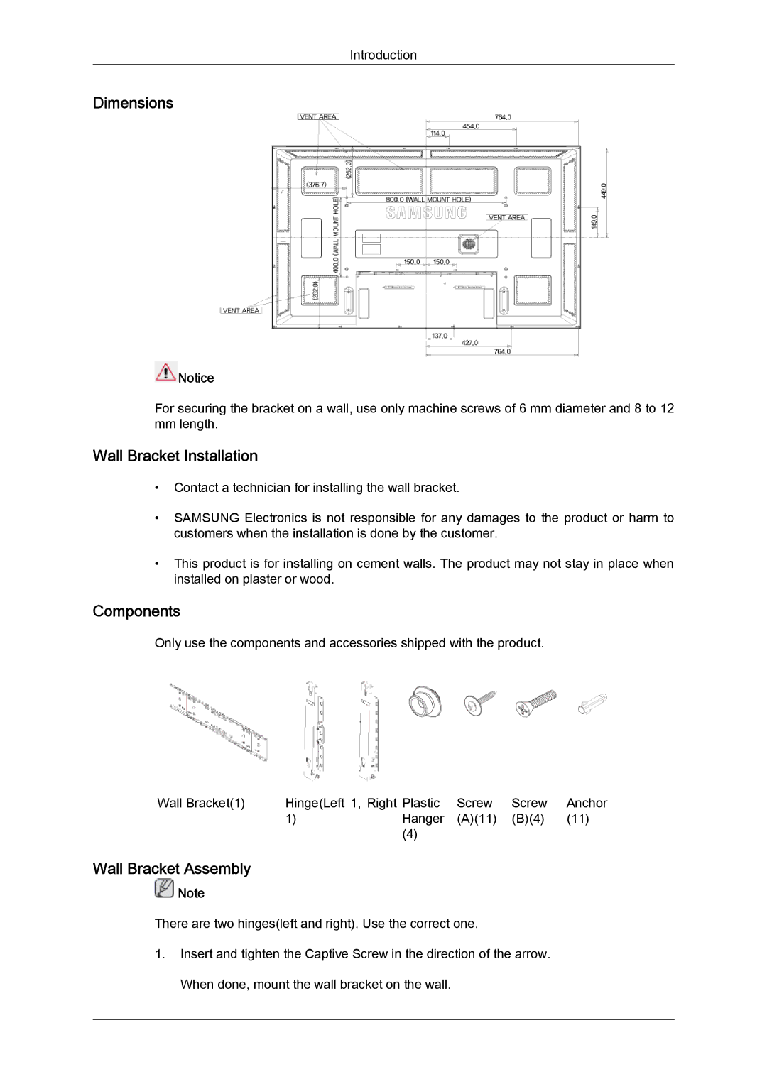 Samsung LH65MGQLBF/EN, LH65MGQLBF/NG manual Dimensions, Wall Bracket Installation, Components, Wall Bracket Assembly 