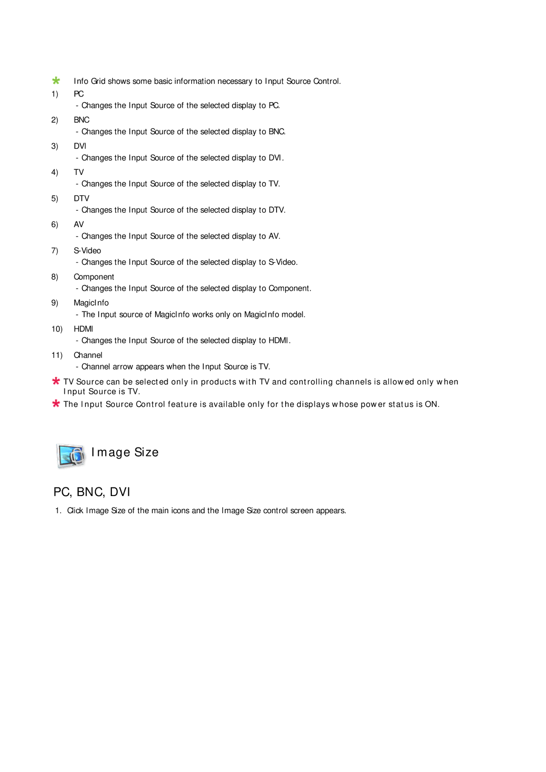 Samsung LH65MGBPLBH/NG, LH65MGQLBF/EN, LH65MGQLBF/NG, LH65MGQLBF/XY manual Image Size, Pc, Bnc, Dvi 